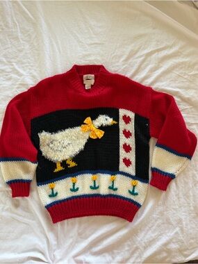 Vintage HEIDI Red Duck Motif Cozy Sweater with Yellow Bow knitted by hand size L